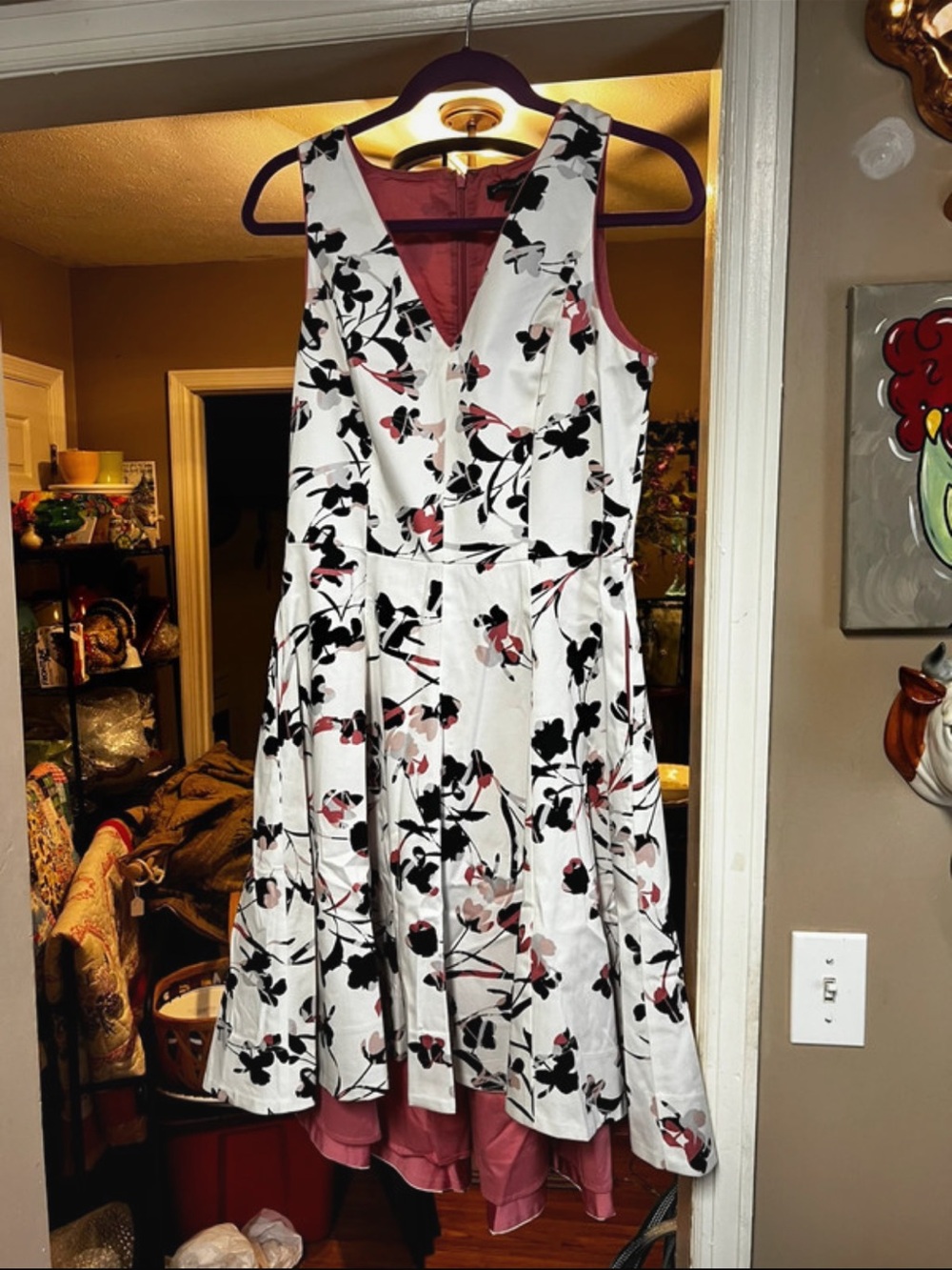 Sleeveless Floral Fit & Flare Dress - White with Black & Pink Floral - Picture 2 of 7